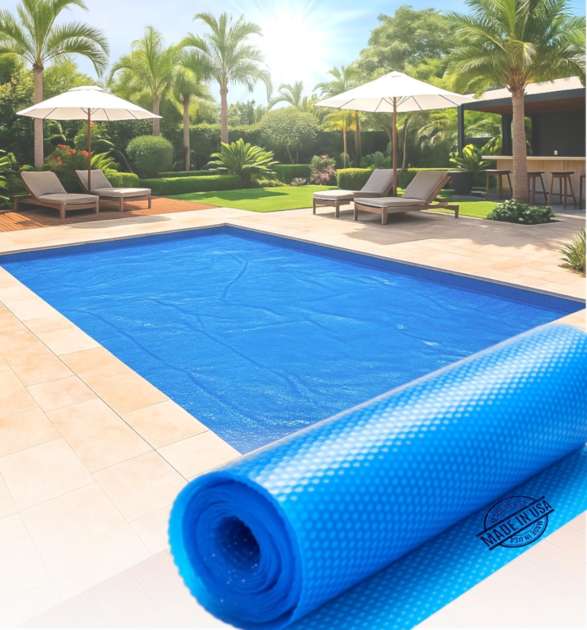SunHeater Pool Solar Blanket - Heavy Duty Rectangular Pool Solar Cover with Bubbles - Heat Transfer Solar Pool Heater for In-Ground Swimming Pools - Durable 12 Mil Thick Polyethylene - 16' x 32' Feet