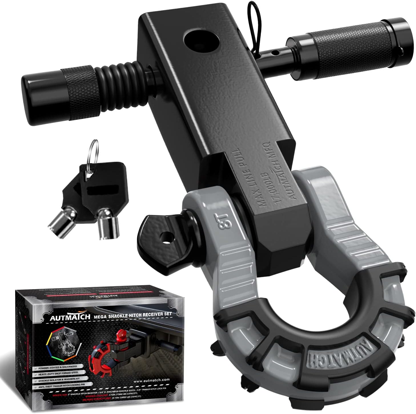 AUTMATCH Shackle Hitch Receiver 2 Inch with 3/4" Mega D Ring Shackles