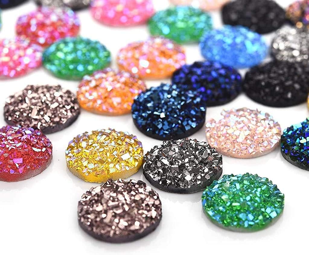 Vivian 102 Pieces 17 Colors Round Resin Cabochon Flatback Druzy Iridescent Colorful Cabochons DIY Accessories (12mm)