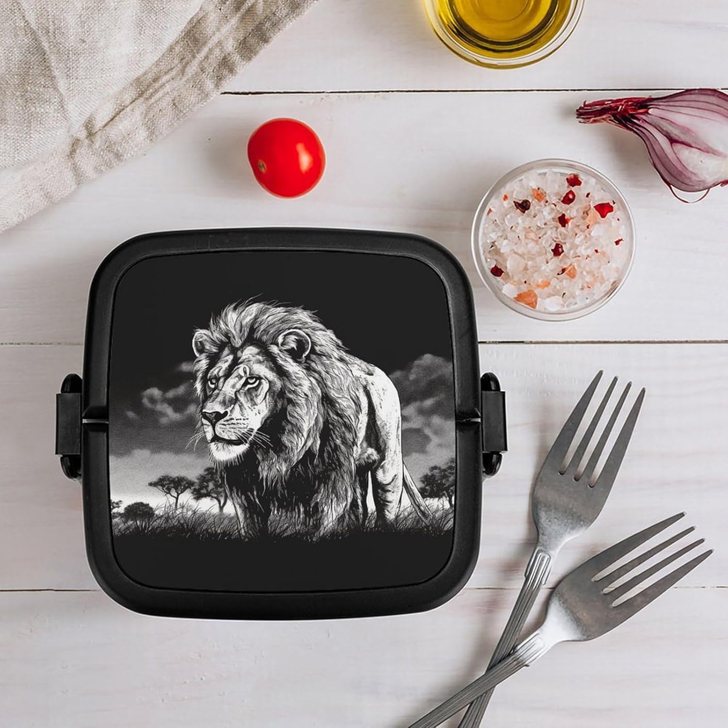 Bento Lunch Box for Adults Stackable Lunch Container Lion Black And White Illustration Printed Square 2 Layer Cute Kawaii Bento Box Container for Men Women