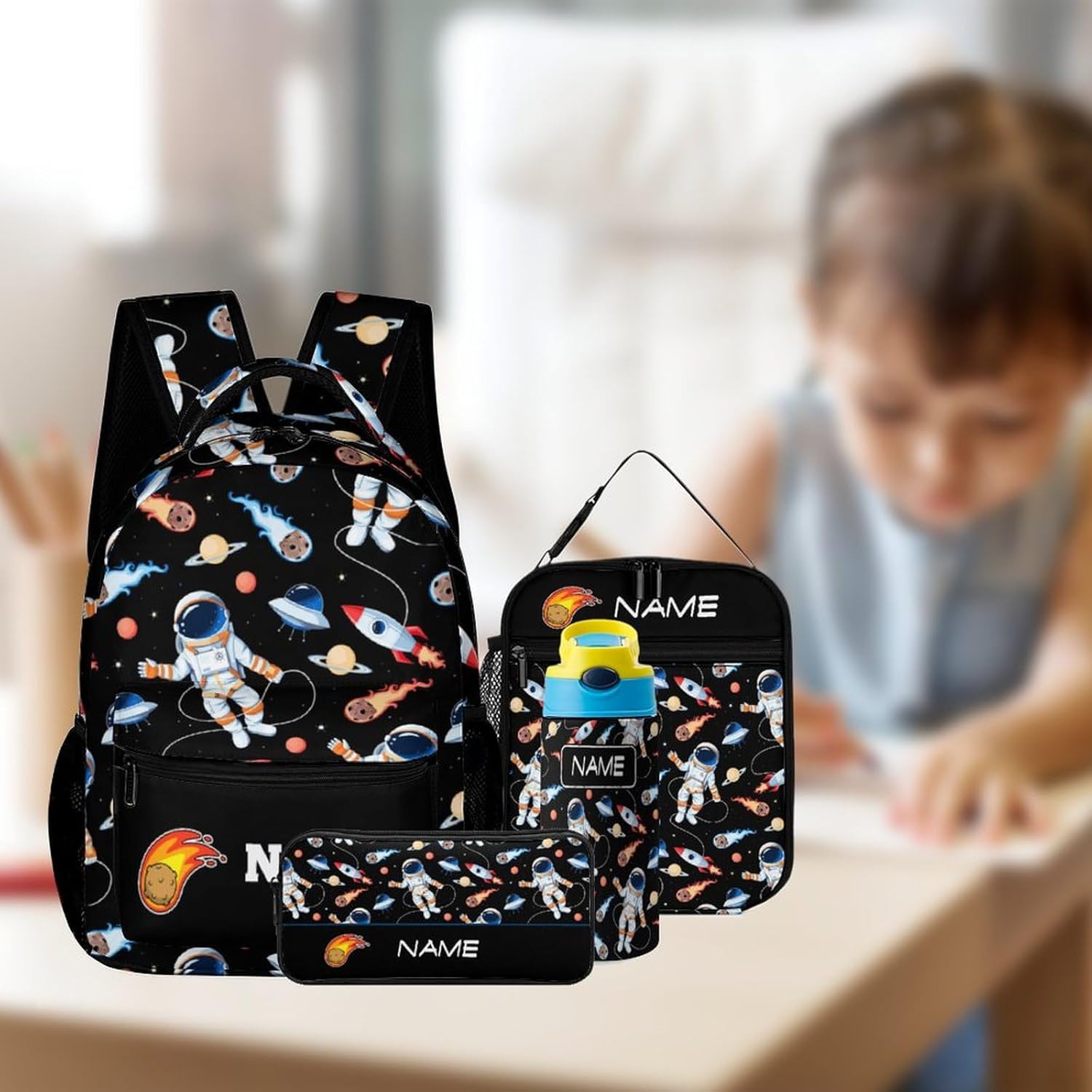 Custom Space Rocket Astronaut Backpack Set 4 in 1 Personalized Add Your Name School Bag with Lunch Bag Pencil Case Water Bottle Customized Backpack for Kids Girls Boys