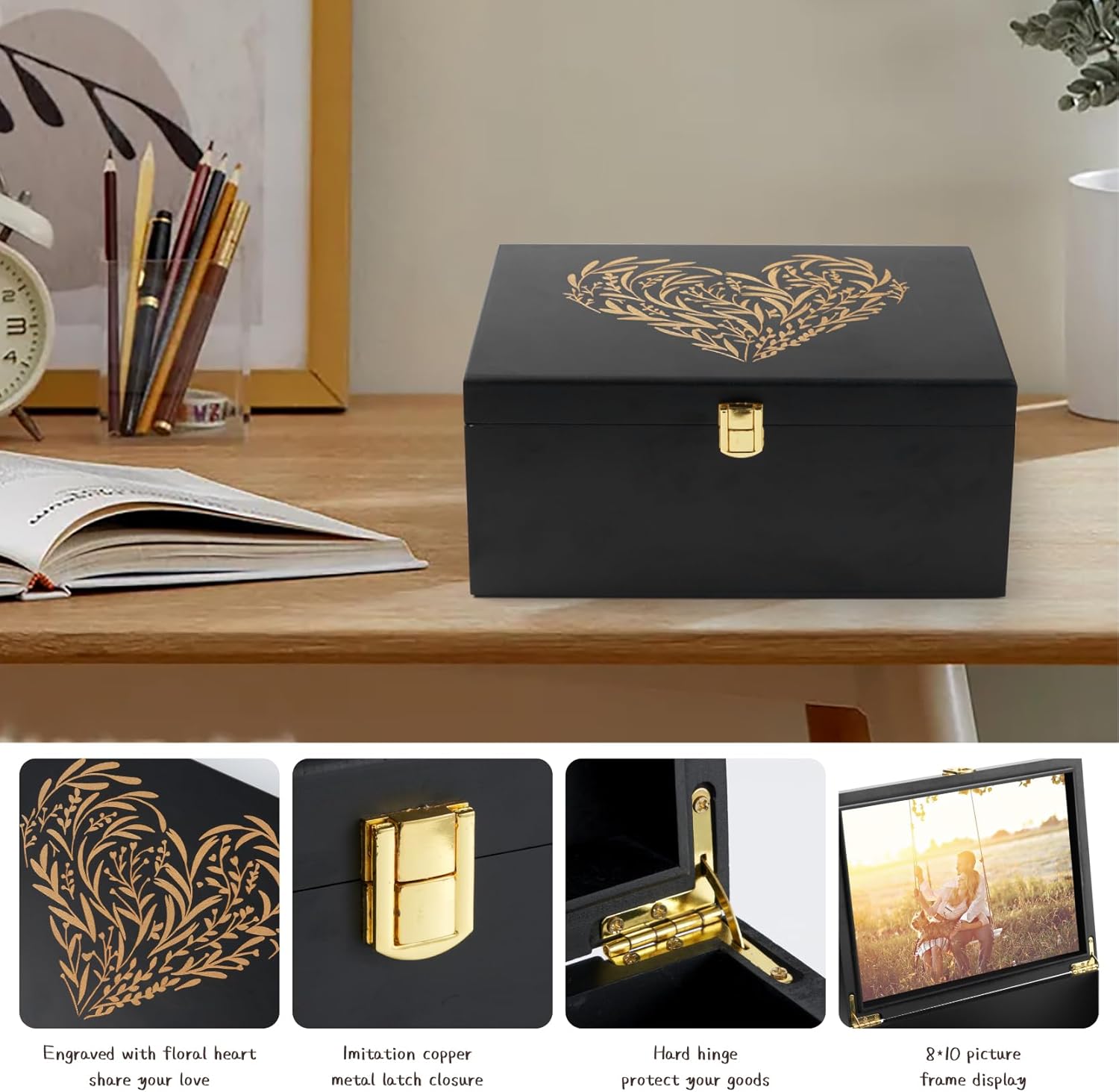 Larger Wooden Memory Keepsake Boxes With Hinged Lids and a photo frame inside the lid - Decorative Storage Box With a Hinge Lids For Picture Letter Time Capsule - 5.3“*8.6”*11.7“ Black