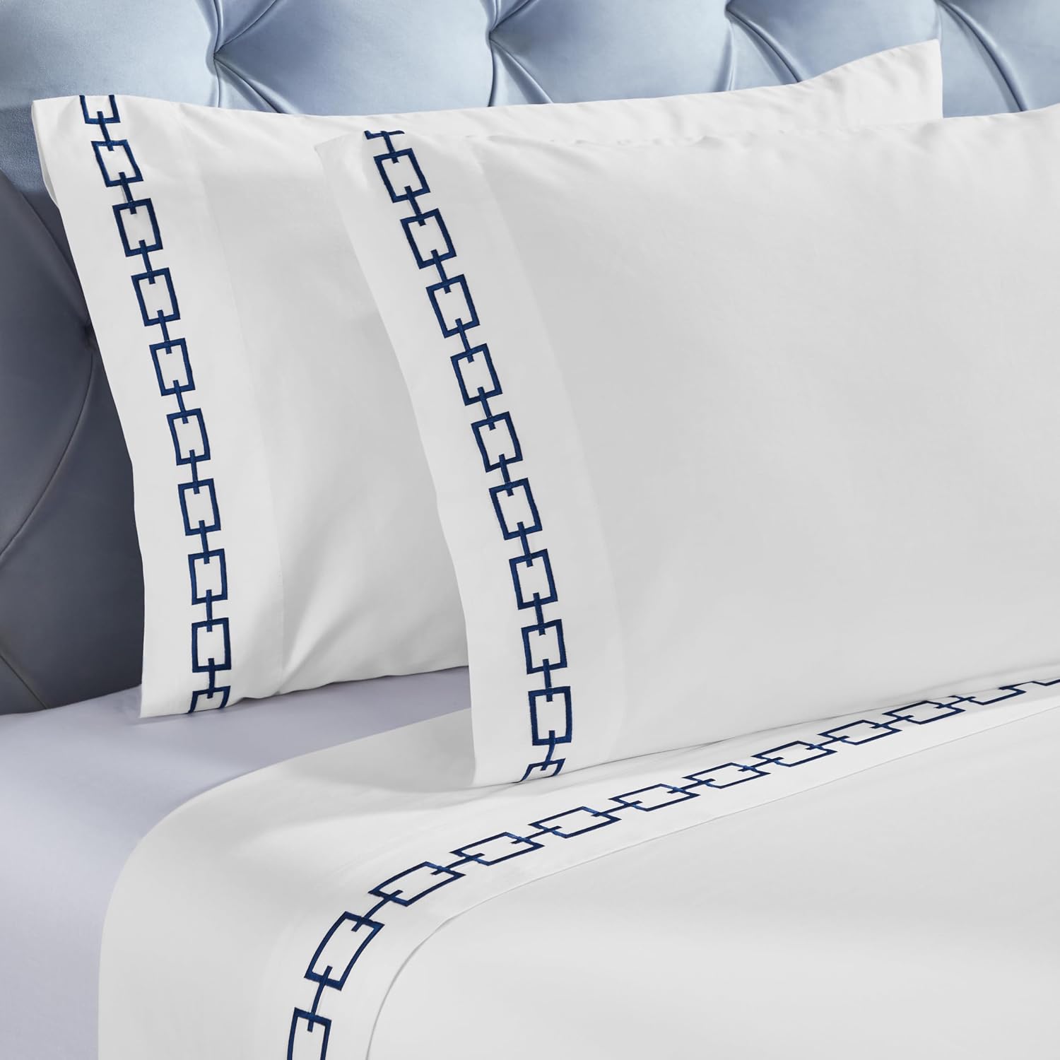 Superior Embroidered Cotton Bed Sheet Set, 1 Elastic Deep Pocket Fitted Sheet, 1 Flat Sheet, 1 Pillowcase, Daily Soft Sheets, Luxury, Unique Design, Chain Links Collection, Twin Size, White/Navy Blue