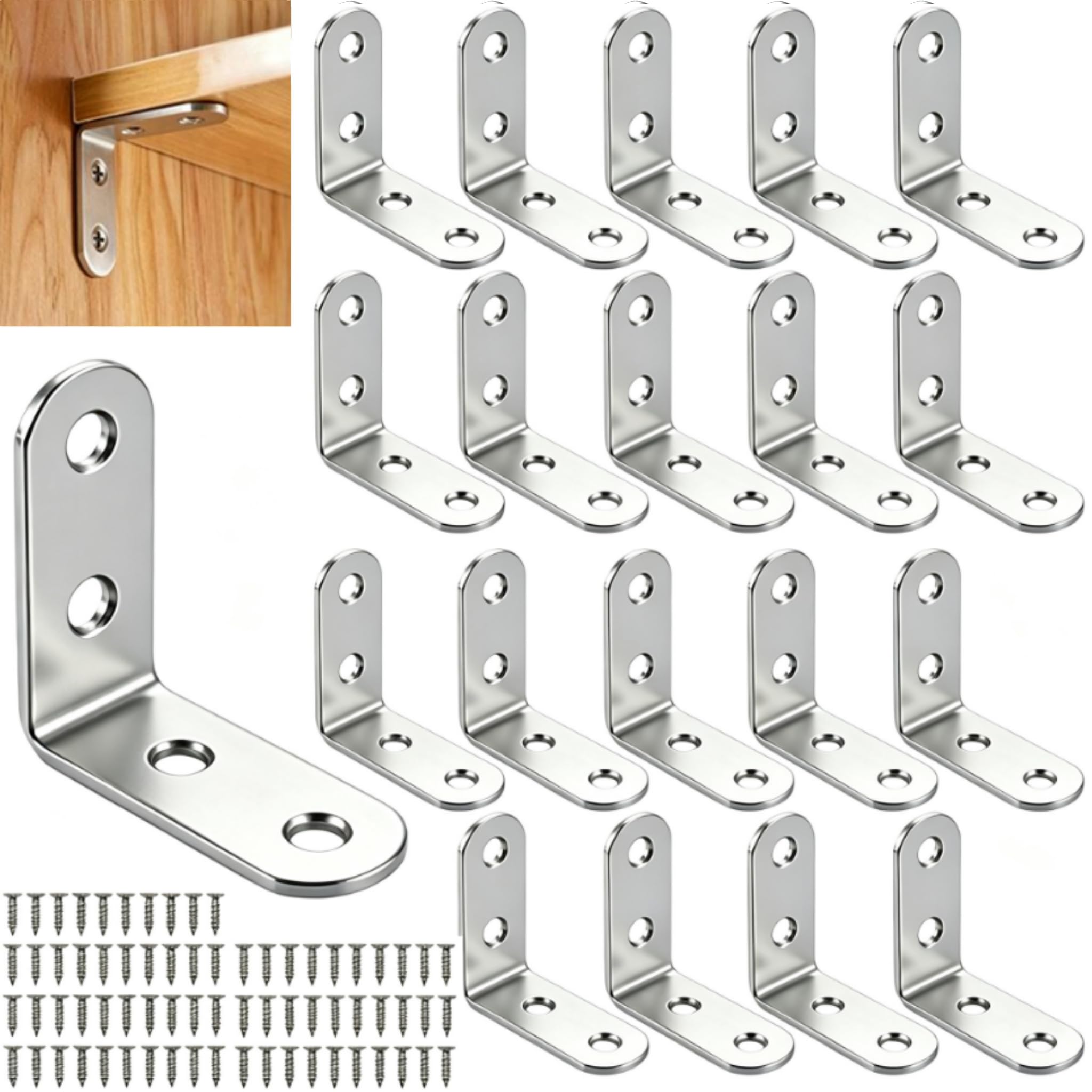 20 Pcs Angle Brackets Set Stainless Steel L Shaped Bracket with Screws