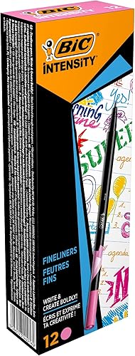 BIC Intensity Fineliner - Paquete de 12 bolígrafos en rosa con punta fina, ideal para oficina, oficina en casa o escuela