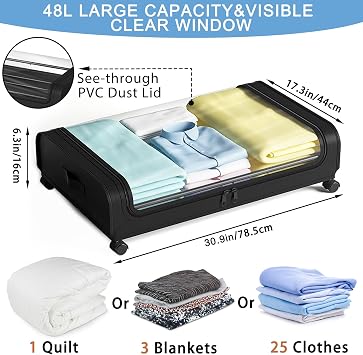 2 Pack Under Bed Storage with Wheels Lid 48L Rolling Metal Frame Underbed Containers Clear Window Storage Bag Box Organization Home Bedroom Organizer Drawer Bin for Clothes Shoes Toys Blankets Black
