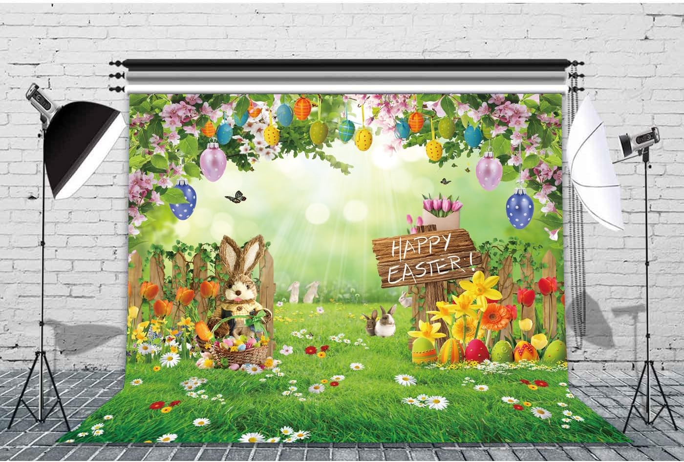 10X10FT Spring Easter Backdrop Sunshine Garden Fence Rabbit Egg Decoration Photography Backdrops Flower Backdrop Children Adult Portrait Photo Props DH-1106