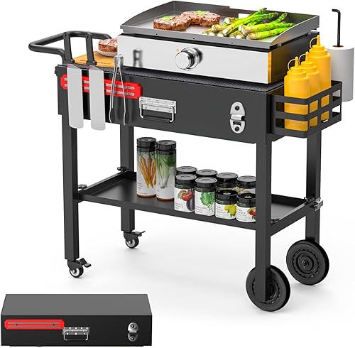 Vista 15 de LS'BABQ Carrito de mesa para horno de pizza para Ooni, Ninja Woodfire, soporte de parrilla Blackstone, carrito de parrilla al aire libre con ruedas