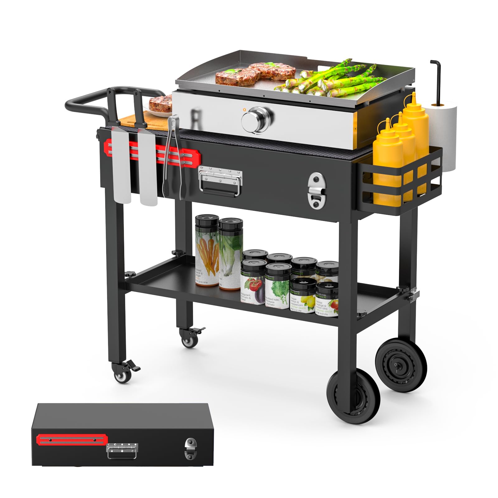 LS'BABQ Tragbarer Grilltisch Klappbar – Outdoor-Grillwagen Mit Rädern, Für Blackstone 43,2/55,9 Cm, Ninja Grill & Pizzaofen | Magnetischer Werkzeughalter, Ablageflächen