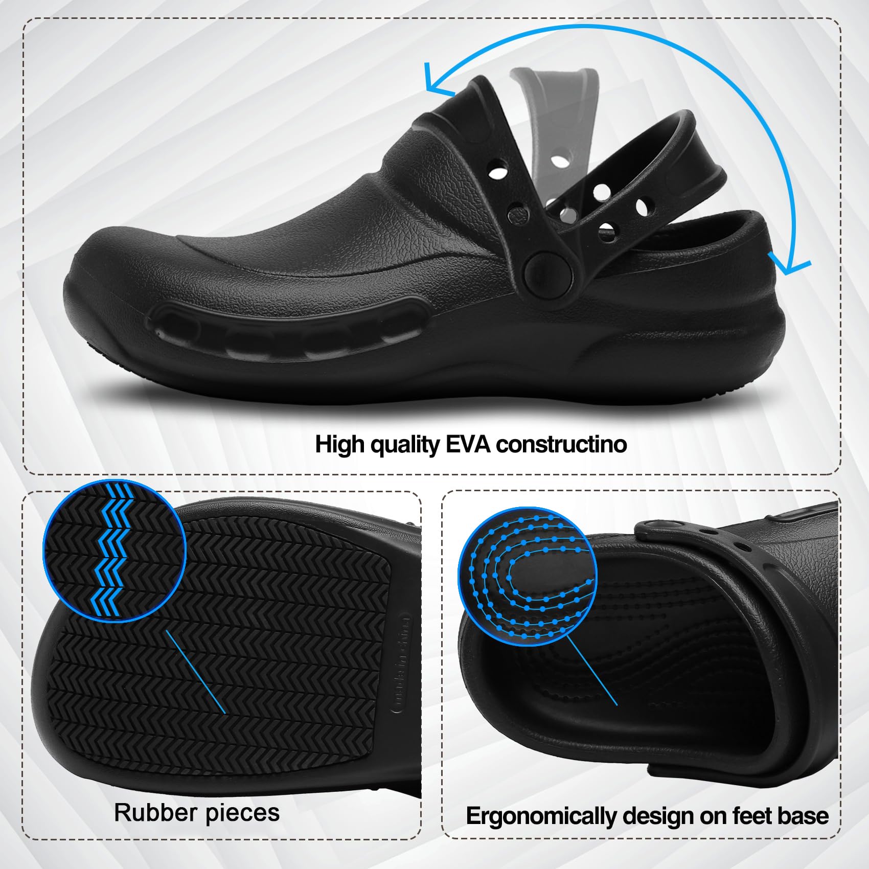 JSWEI Comodi zoccoli da chef antiscivolo scarpe da lavoro da cucina infermiera ospedale giardino lavoro scarpe unisex nero UK6-11…