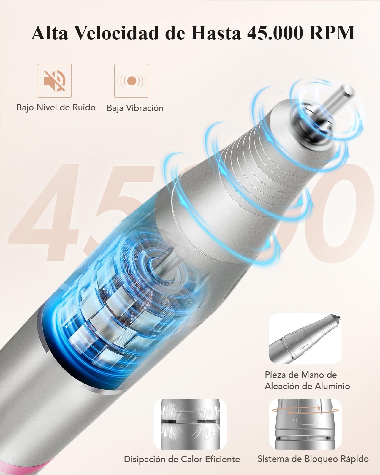 HOMEASY Torno para Uñas, Lima Eléctrica de 45000 RPM, Pedal y Pantalla LCD. | Torno para Uñas con Pedal, Pieza de Mano de Aluminio Silenciosa y Lima Eléctrica de Sobremesa para Acrílico y Gel.