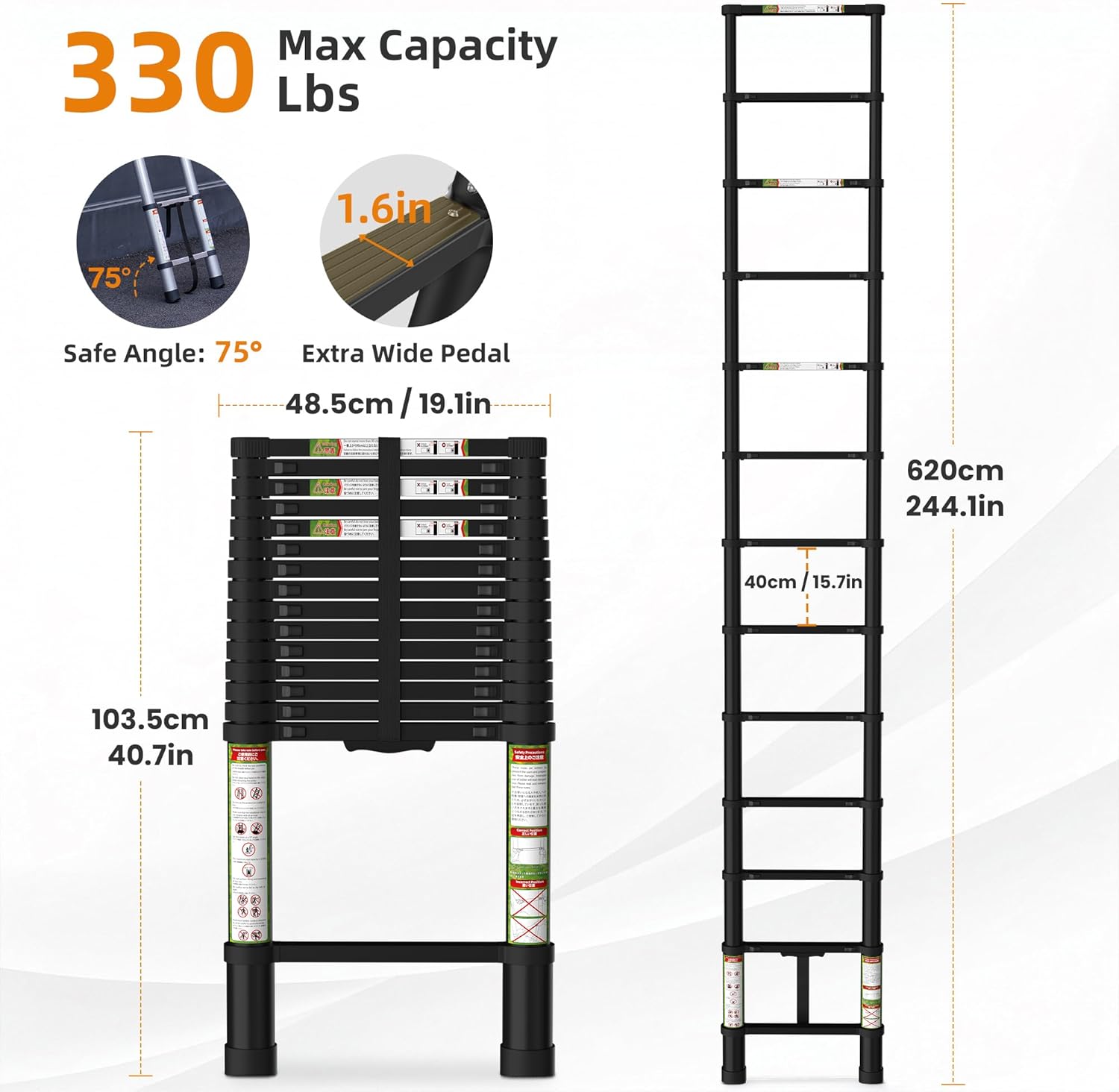 telescoping ladder for rv & attic, 20.3ft aluminum extension ladder with dual locking mechanism, max load 330lbs, compact foldable ladder for roof, home, travel trailer & multi-surface use black 6.2m/20.3ft
