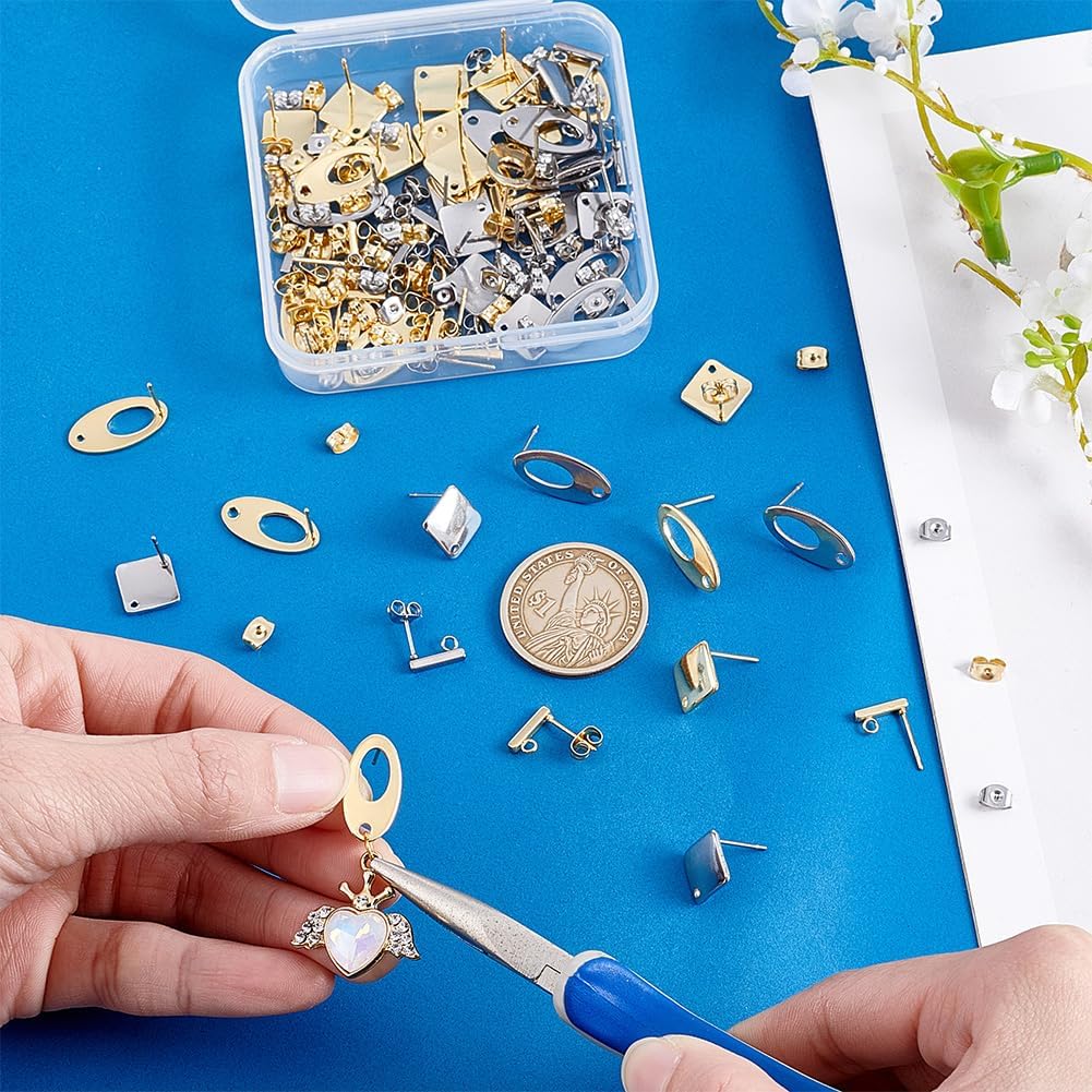 60Pcs Stud Earring Findings 6 Style Stainless Steel Earring Post with Loop 80Pcs Backs Gold Silver Ear Stud for Women DIY Jewelry Making Accessories Oval Rhombus Rectangle - Image 3
