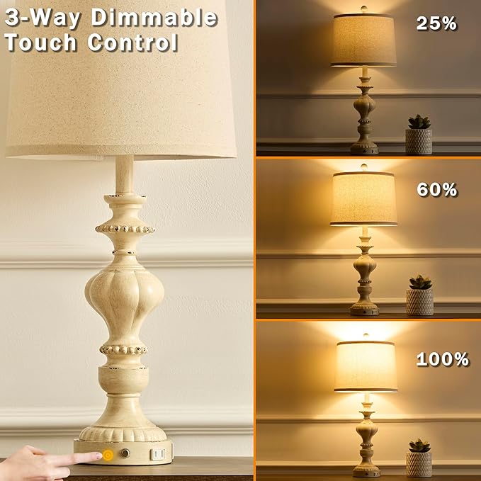 SAIWEYA 27.5" Farmhouse Table Lamps Set of 2 Bedside Nightstand Lamp with USB C+A Ports & AC Outlet, 3 Way Dimmable Touch Lamps for Bedroom Living Room Office Hallway Rustic Traditional Lamp photo 5