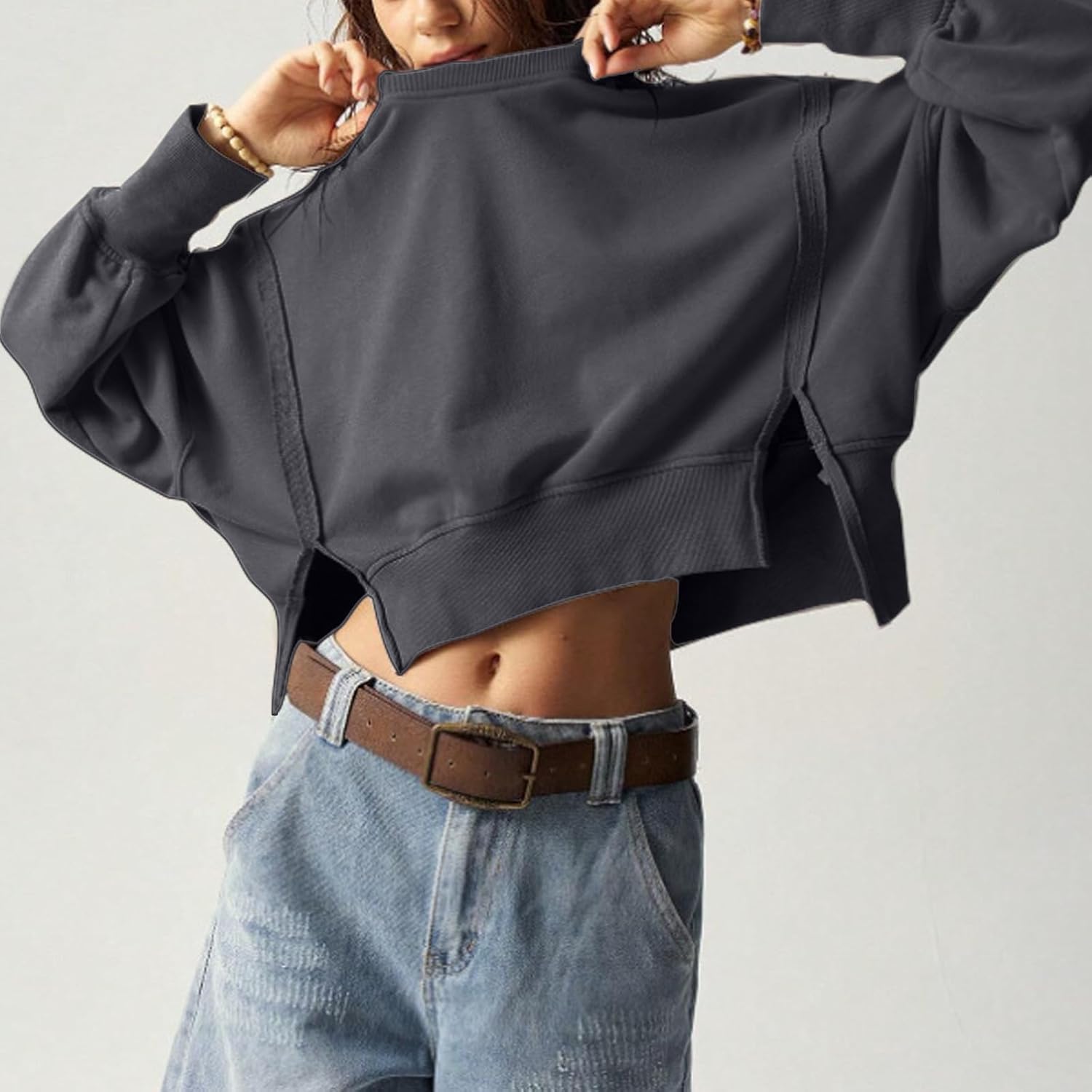 EGUGYDW Womens Crewneck Sweatshirts Cropped Long Sleeve Side Slit Loose Fit Teen Girls 2025 Fall Crop Pullover Tops - Image 5