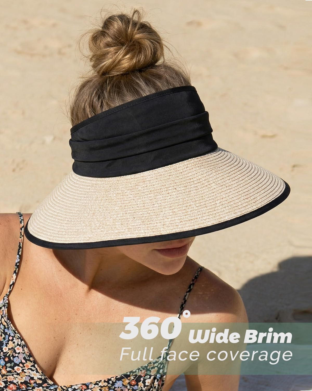 Creekstone Cappello da donna con visiera parasole, visiera in paglia da spiaggia, UPF 50+, ripiegabile, cappello da sole a coda di cavallo per viaggi estivi