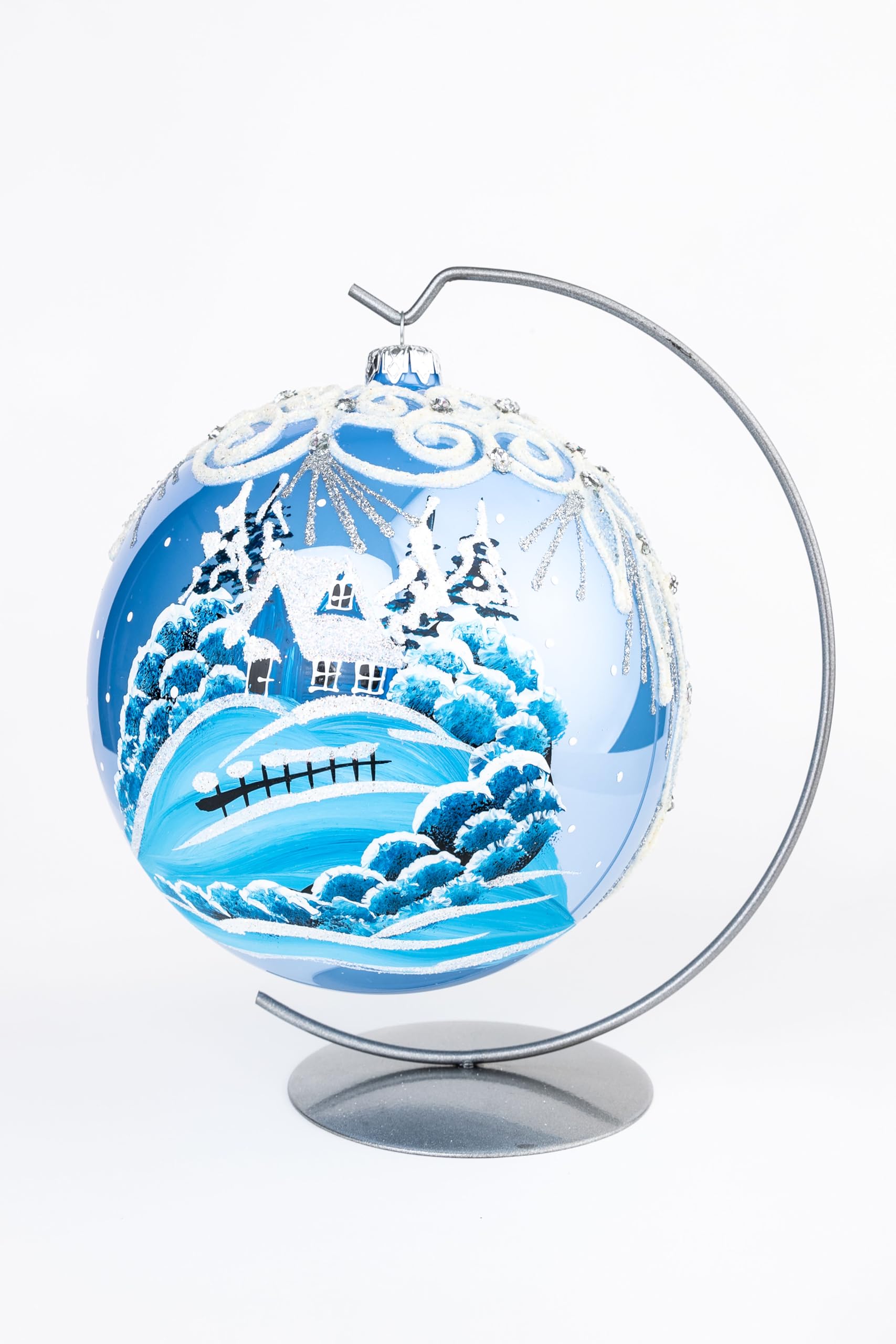 Himmelblaue Weihnachtsdekoration, polnische geblasene Glaskugel, große Kugel, 150 mm, handbemalt, Winterwunderland