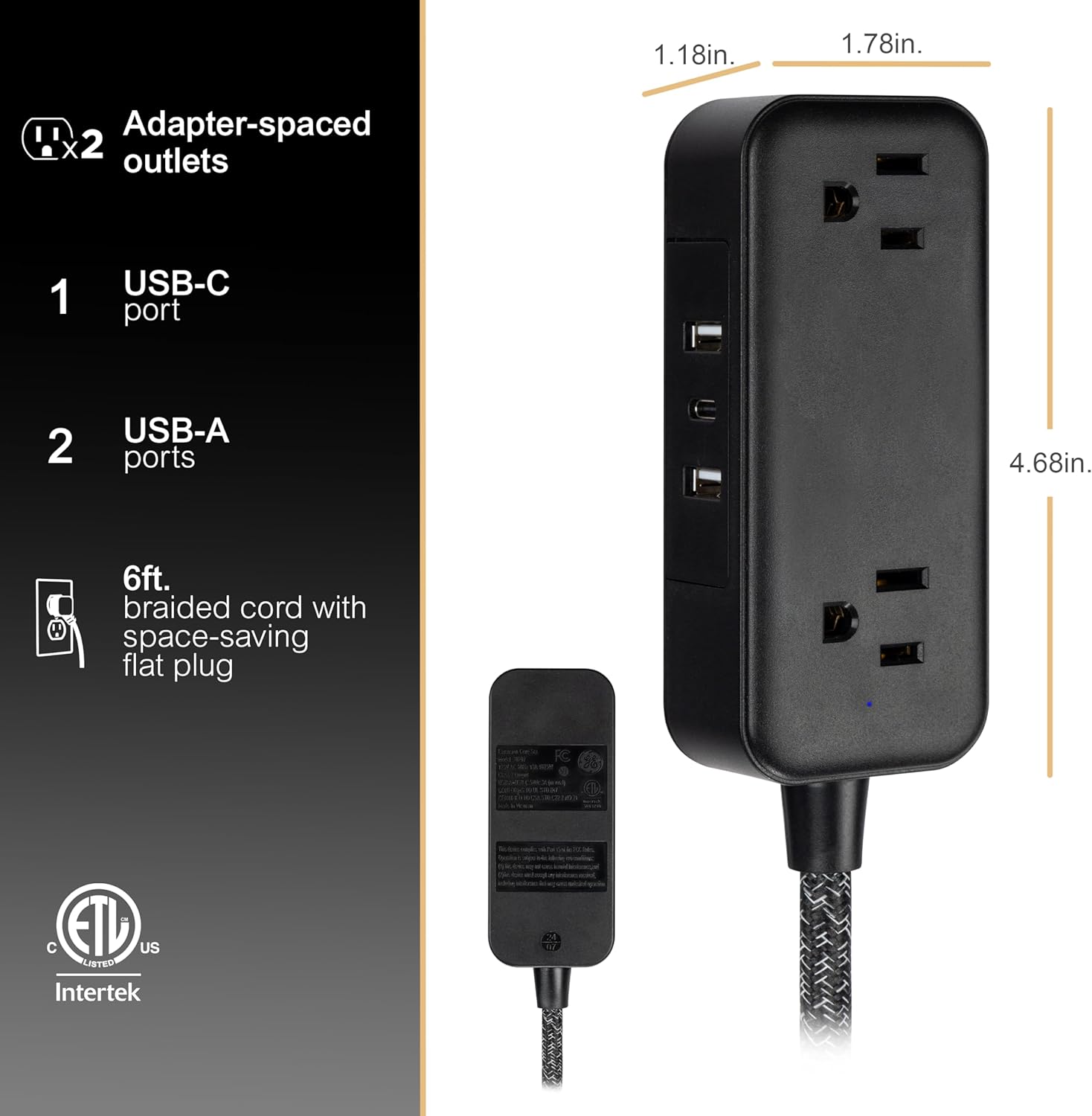 GE Flat Plug Power Strip Extension Cord with USB Ports, Travel Power Strip with 2 Outlets 3 USB Ports, Cruise Ship Essentials, 6 Ft Braided Small Extension Cord Flat Wall Plug, ETL Listed Black, 82586