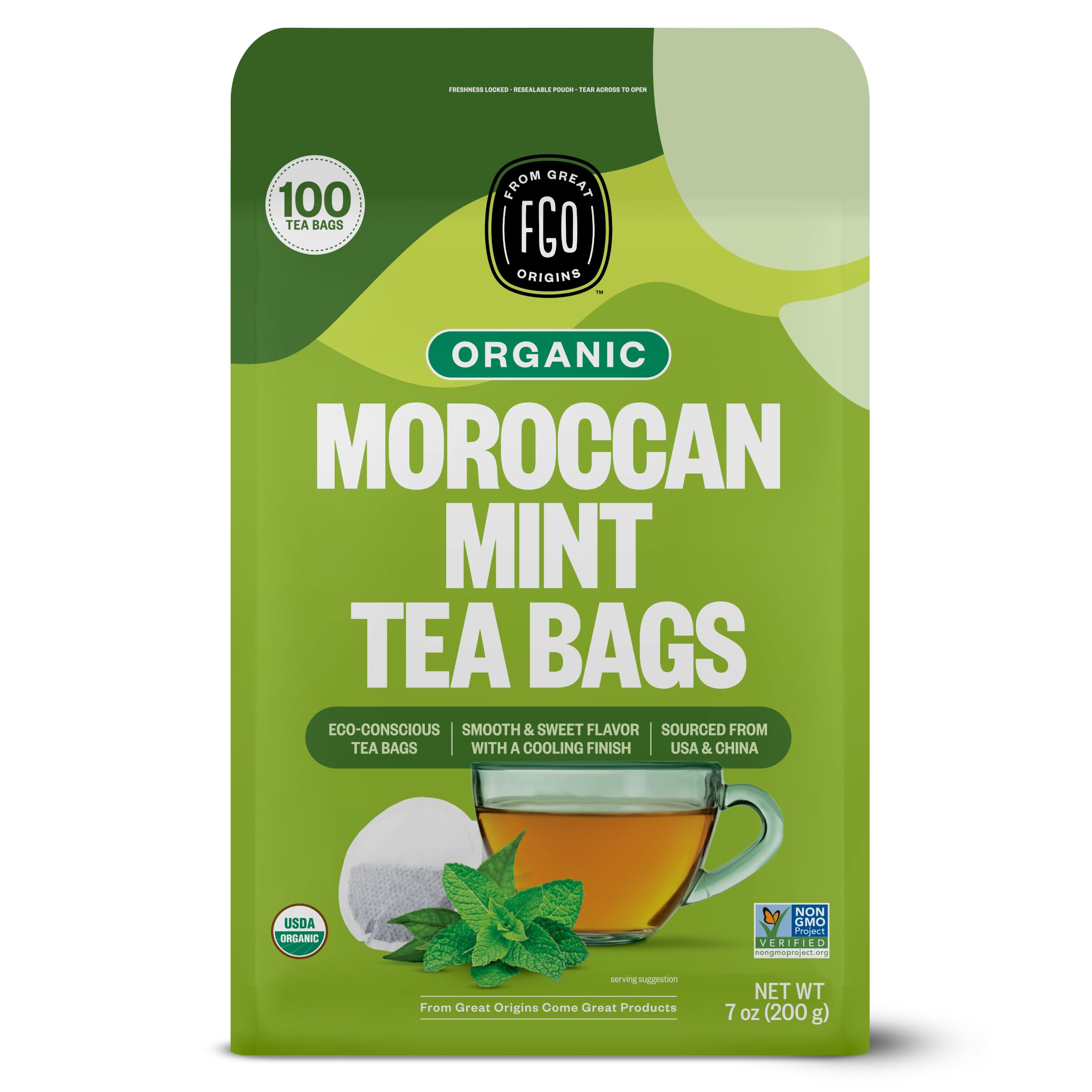 FGO Organic Moroccan Mint Green Tea, 100 Count, Eco-Conscious Tea Bags, Resealable Bag, Packaging May Vary (Pack of 1)