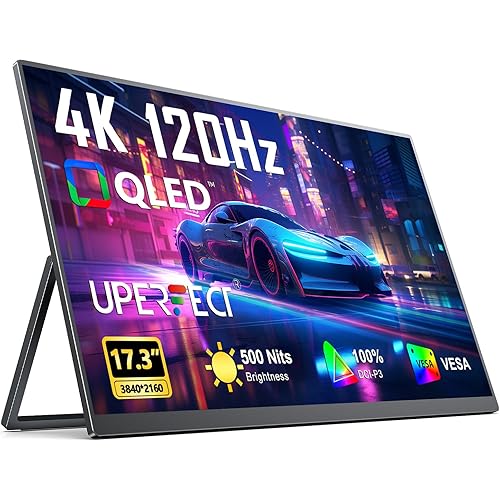 UPERFECT Portable Monitor 4K 120HZ QLED 17.3" | 0.1ms Gaming Monitor, 500 Nits | 3840 * 2160 UHD |100% DCI-P3 | USB-C & HDMI | VESA & Kickstand | Travel Screen for Laptop, Computer, Game Consoles