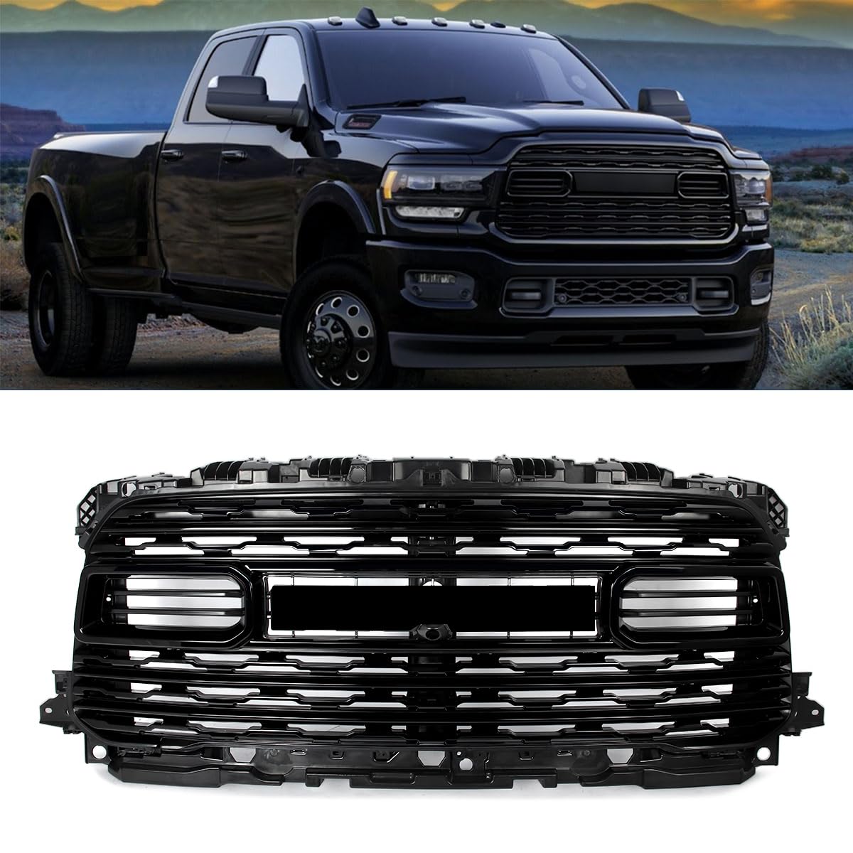 Front Grille Compatible with 2020-2024 RAM 2500 3500 4500 Gloss Black Front Grill Assembly W/Camera Hole Horizontal Billet Style Replace for 68516019AA