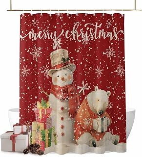 Shower Curtain Snowman Christmas Bear Snow on Red Waterproof Bathroom Curtains Set with Hooks,Xmas Snowflakes Seamless Washable Bathtub Curtain for Shower Stall/Hotel Bathtub Decor,36x72in