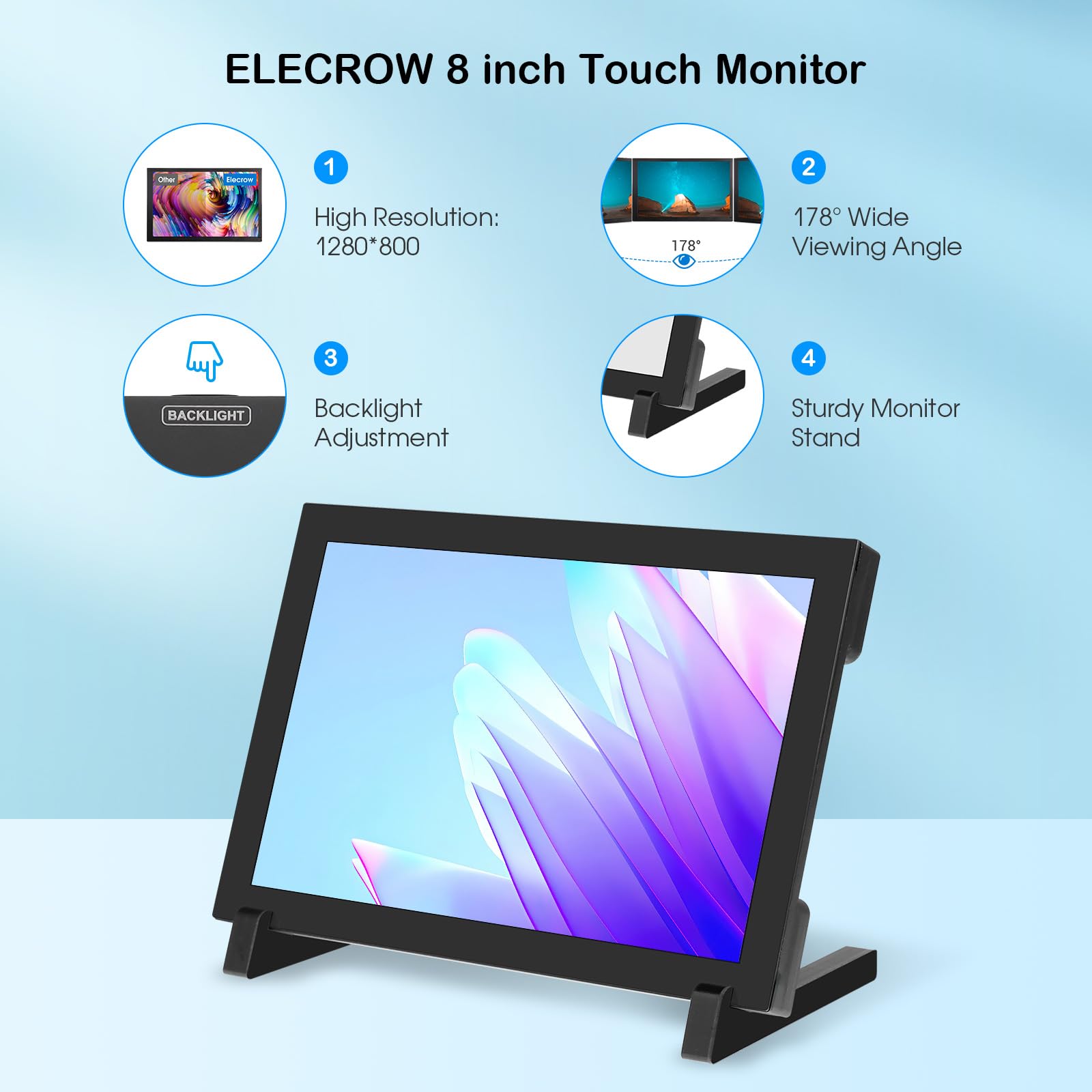 ELECROW Für Raspberry Pi Display, Mini Monitor 8 Zoll 1280×800 Touchscreen Monitor Kompatibel mit Raspberry Pi 5/4, PC/Laptop, Jetson Nano
