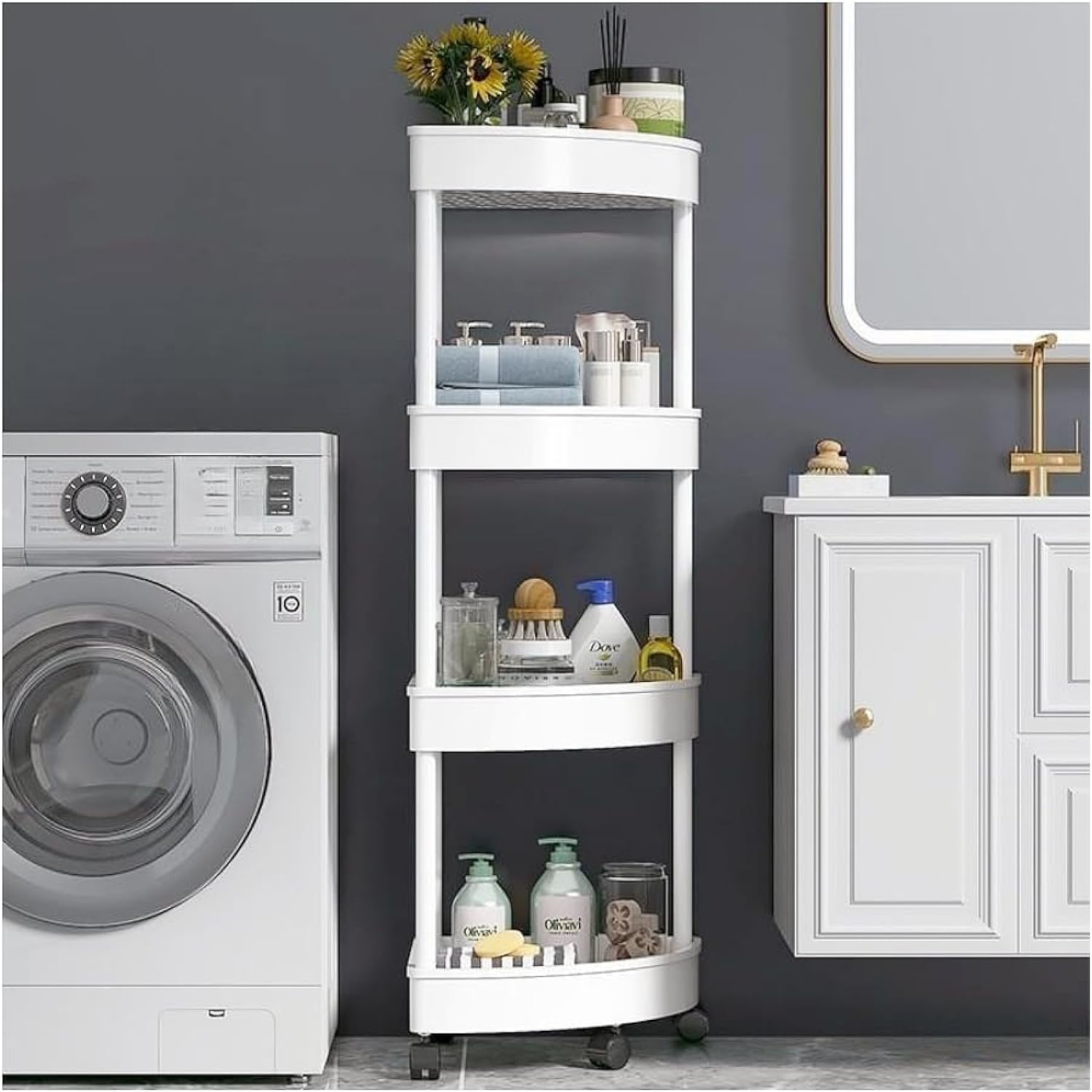 FohomeShower Caddy Corner Shelves, Bathroom Shelving Unit Cart with Wheel, Plastic Shower Caddy Organizer Shelf, Rust Proof Corner Open Storage Cart for Bathroom, Kitchen, Laundry (White, 4-Tier)