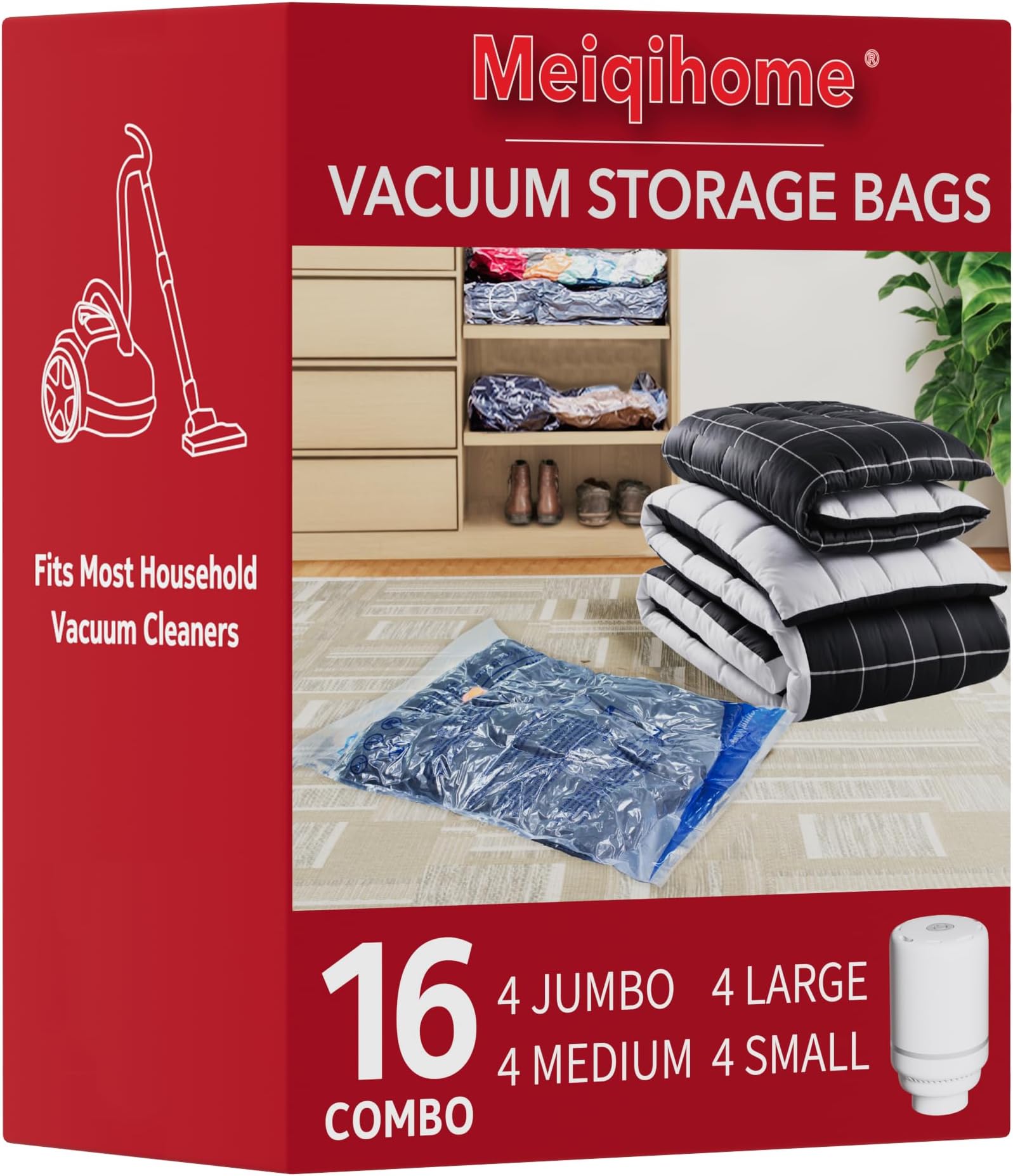 Vacuum Seal Bags for Clothing Travel & Home Storage, travel vacuum bags with pump, Store Blankets, Comforters, Pillows, Seasonal Clothes Compactly,16 Pack With Electric Pump