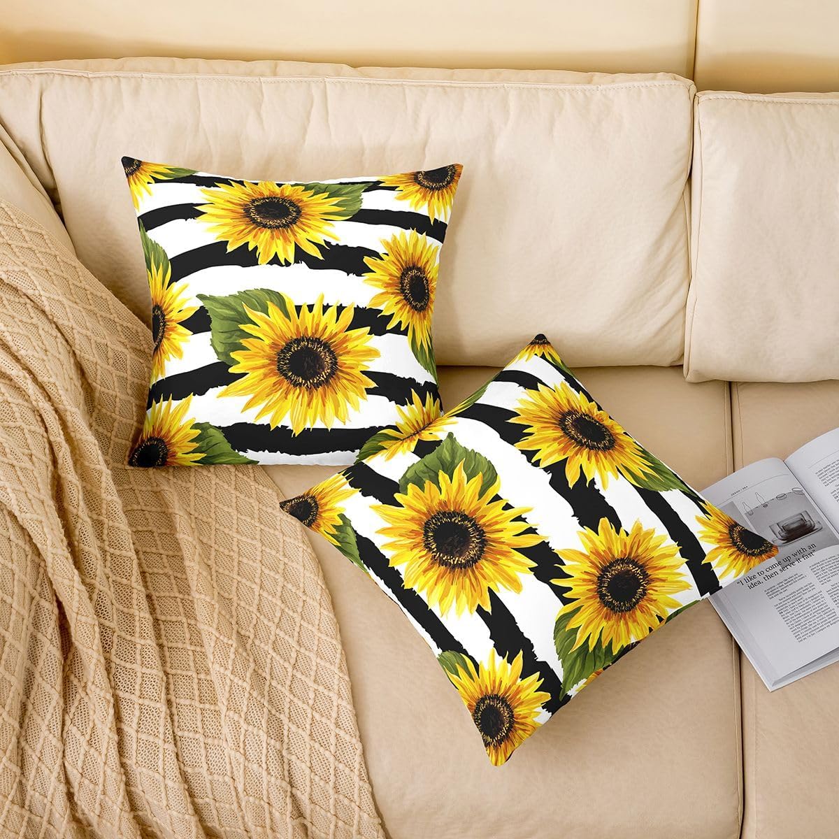 Feelyou Set of 2 Sunflower Throw Pillow Covers, Stripes Panormatic Printed Cushion Case for Home Living Room Decor, Reversible Blossom Garden Theme Decorative Throw Cushion Case, 24x24 Inches