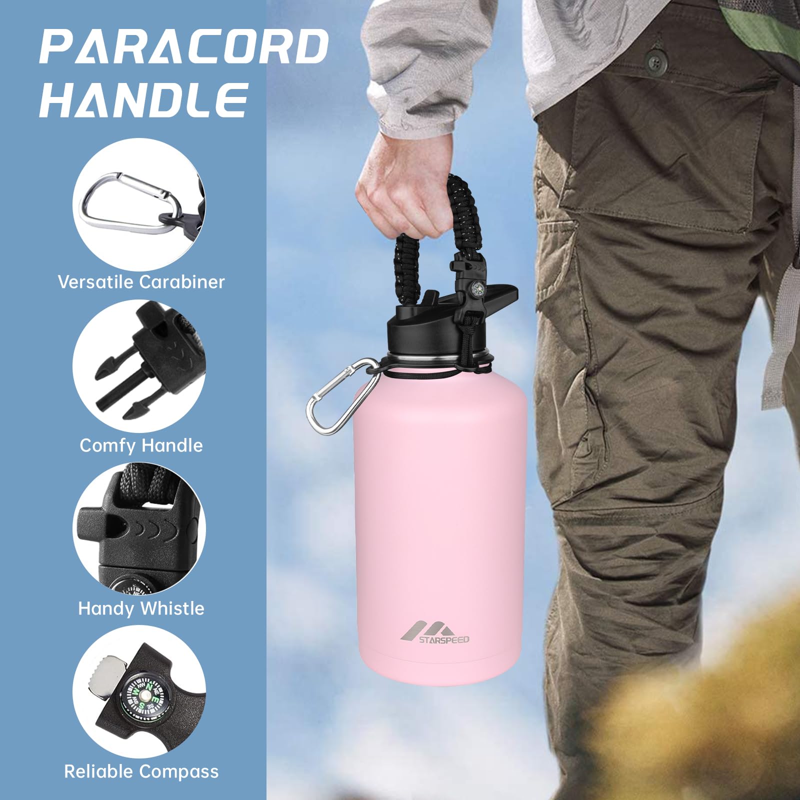 VICKNIY Isolierte Edelstahl-Wasserflasche 1,2 L – Mit 2 Deckeln, Paracord-Griff & Tragetasche | Hält 48 H Kalt, 24 H Heiß