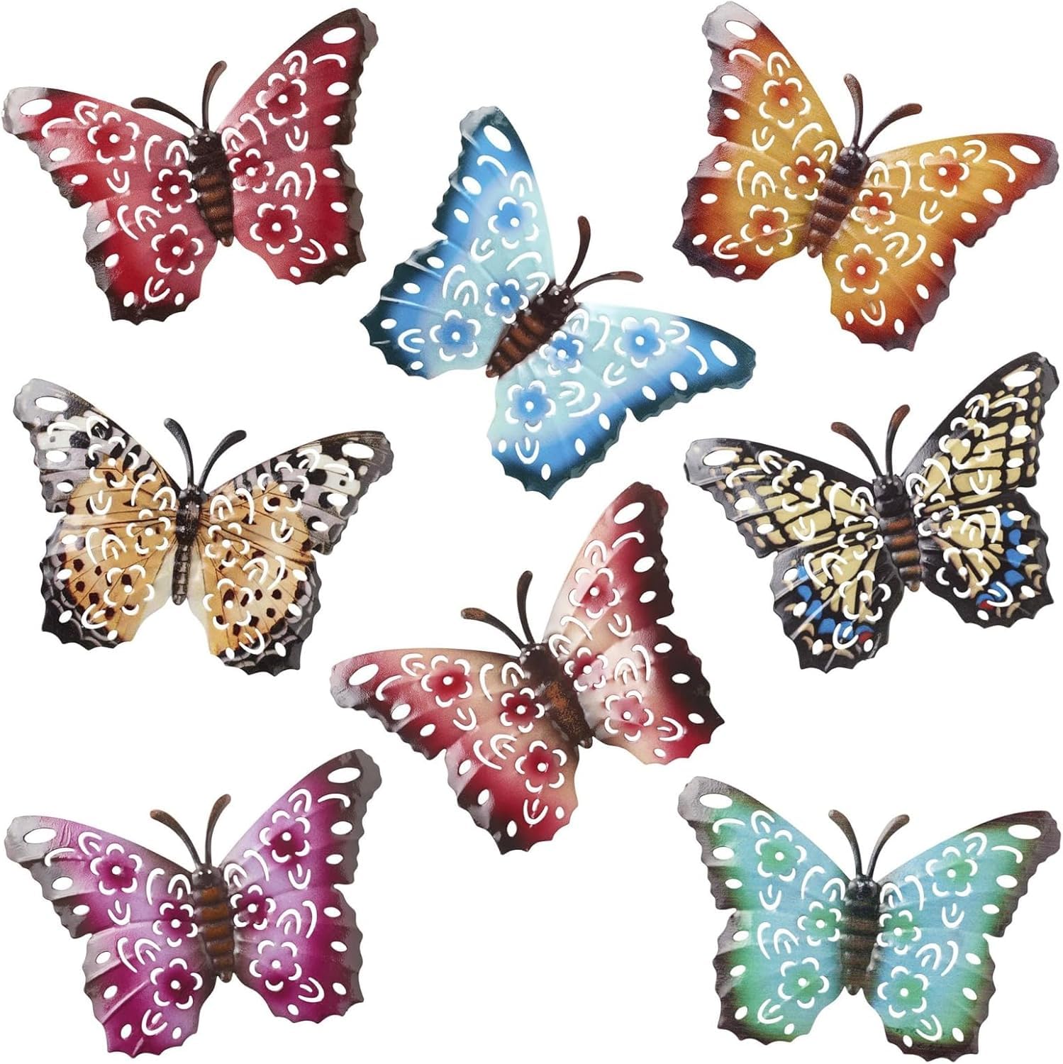 GSV Essentials Butterfly Fence Hangers Wall Décor, Colourful 3D Metal Butterfly Sculptures with Hooks, Indoor/Outdoor Decorations for Garden, Yard, Fence, Patio, Set of 8 Pcs