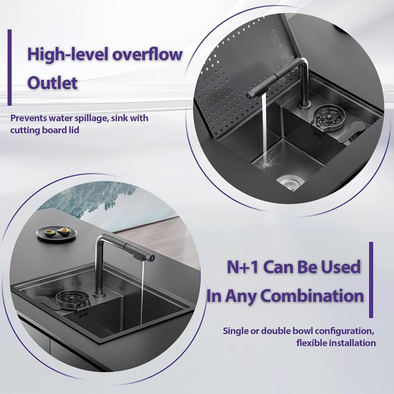 Drop-in Kitchen Sink With Foldable Drainboard Cover, 16 Gauge Stainless Steel Workstation Sink, Built-in Faucet Hole, Multi-Function Prep Sink For Bar, RV(Black-Gray#2,45x36cm)
