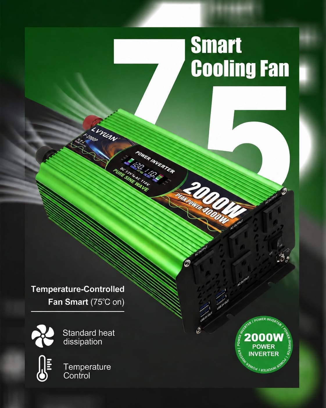 2000 Watt Pure Sine Wave Inverter, DC 12V to 120V AC Power Inverter for Vehicle, RV, Truck, Off-Grid, Car Power Inverter with 4 AC Outlet, 5V/3.1A USB, Surge 4000W