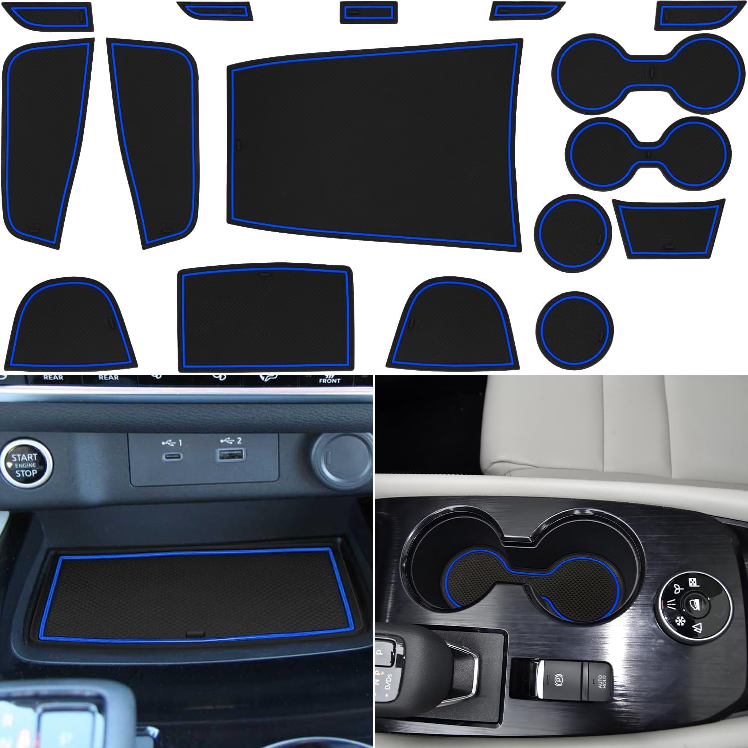 Center Console Liner for Nissan Rogue Accessories 2021-2024 2025 2026, Cup Holder Mat, Door Pocket Pad, Coaster Trim, Non-Slip Dust Interior, Custom Rubber Decoration Insert (17 Pcs, Red Trims)