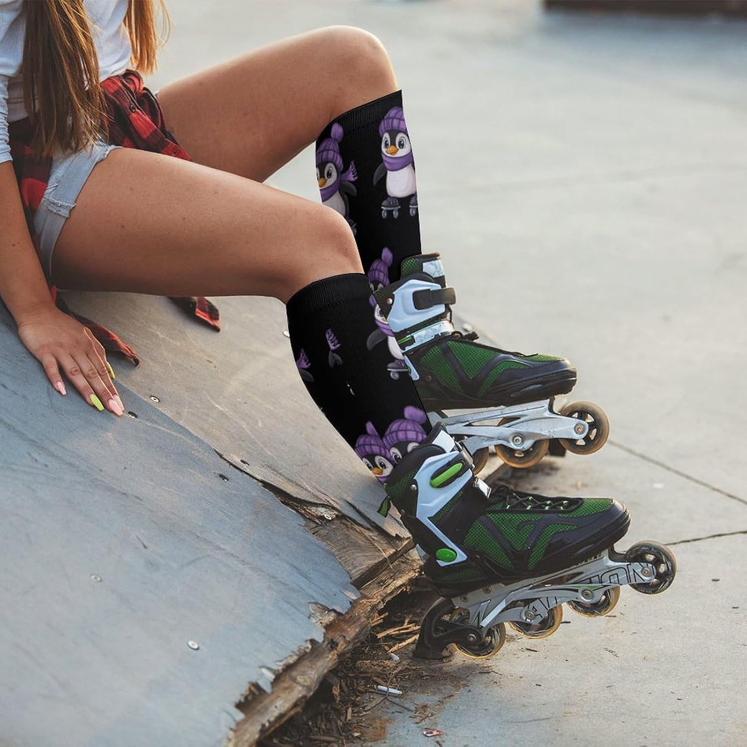 Penguin Skating Roller Skates Knee High Socks Athletic Long Stockings Sport Casual Crew Tube Sock Boot 40cm