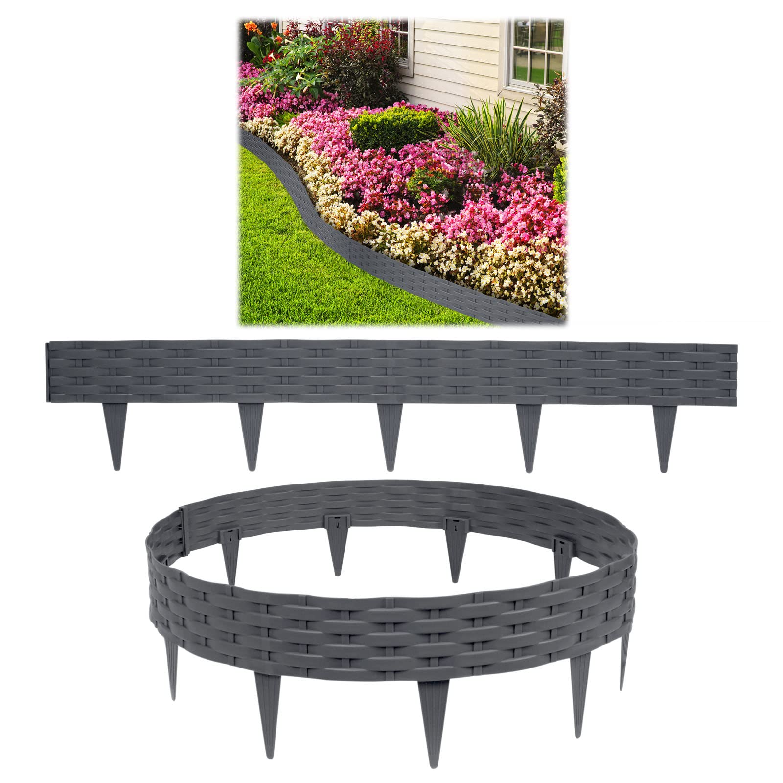 HENGMEI Rasenkanten Kunststoff Beetumrandungen Beeteinfassung 10m Beetumrandung Gartenpalisade Mähkante 10 stücke Rattan-Optik Randsteine Palisaden Gartenzaun, Anthrazit