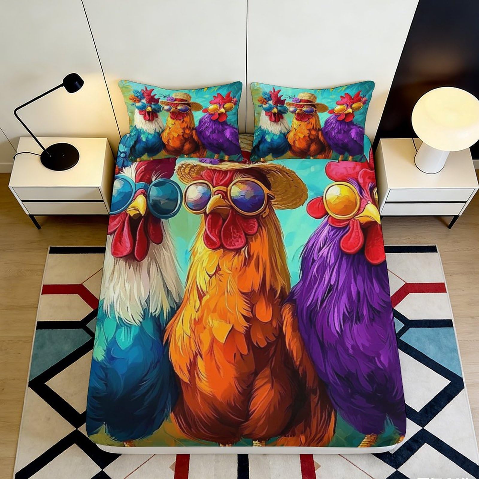 3D Printed Colorful Chicken Fitted Sheet Microfiber Soft Breathable Funny Rooster Bed Cover for Bedroom Dorm Mattress Protection Decor 120x200x25cm
