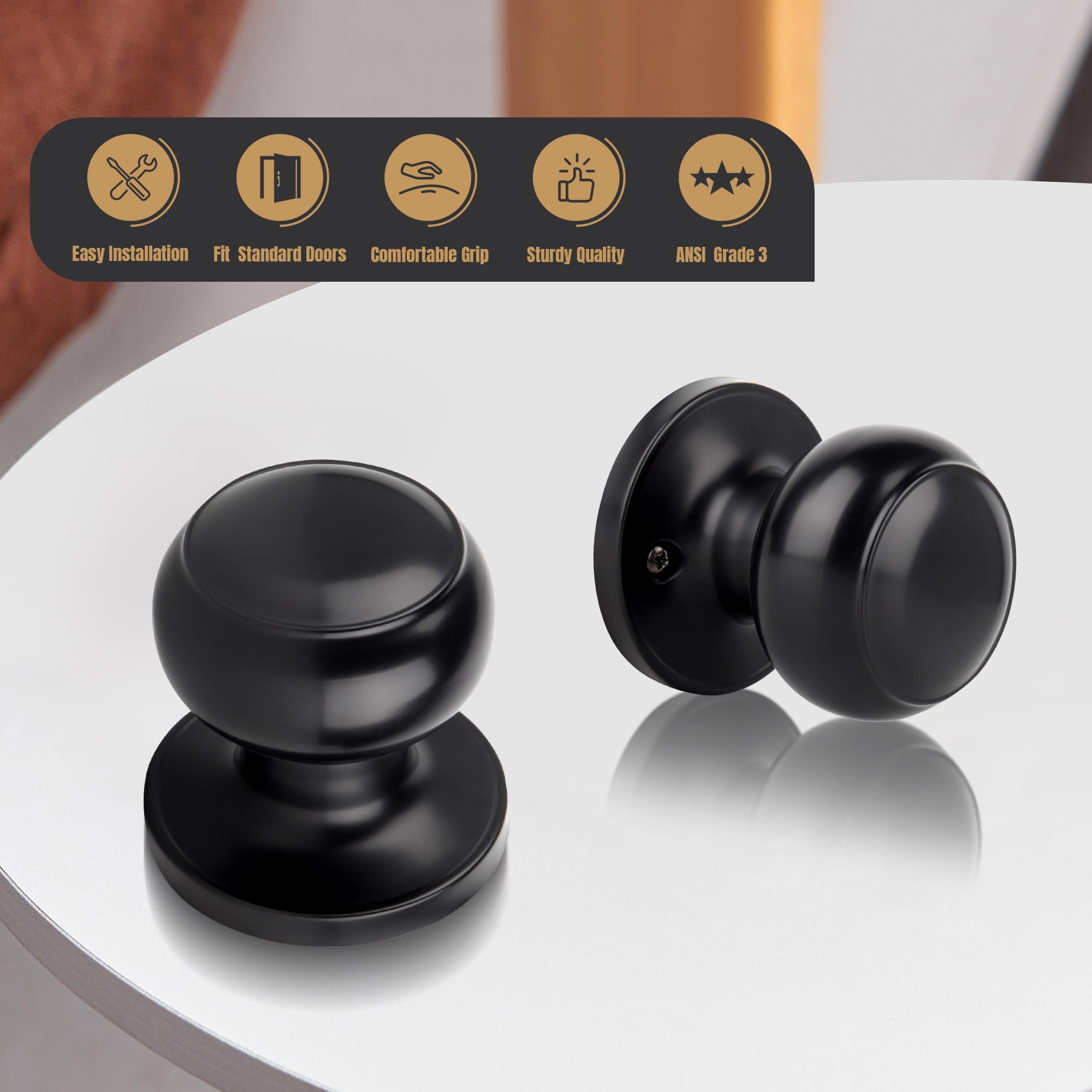 Matte Black Passage Door Knob - No Key Required -2