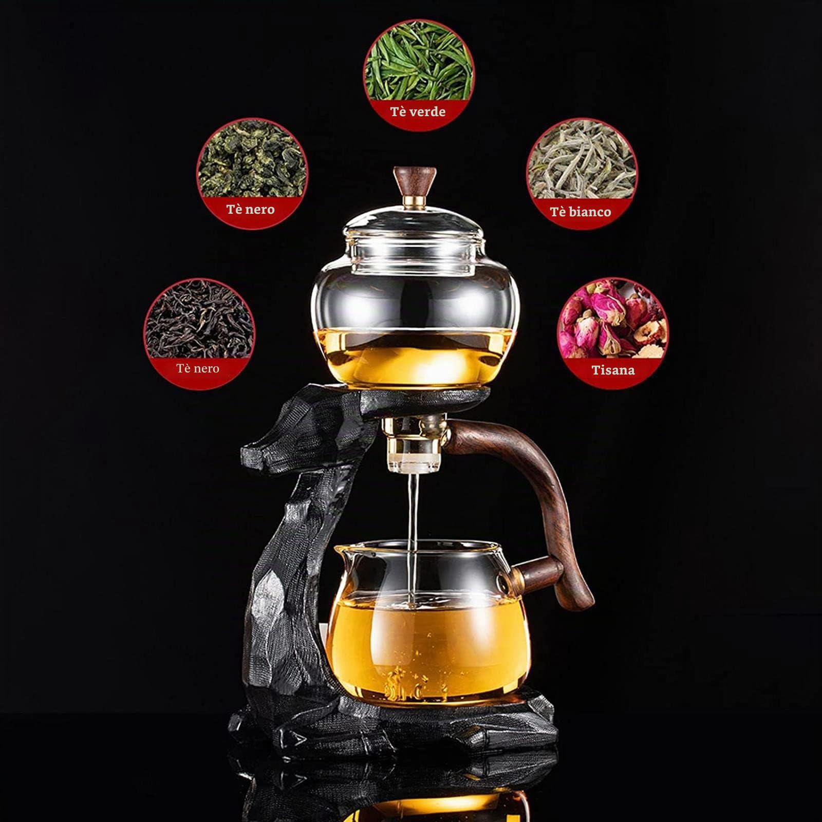 YUDIZWS Semi Automatica Vetro Teiera con Infusore,Cinese Set di Tè Kungfu Pentola a Goccia con Base Tè Tazza Infuser per Tè Fare la Casa in Bicchiere,Deer tea maker