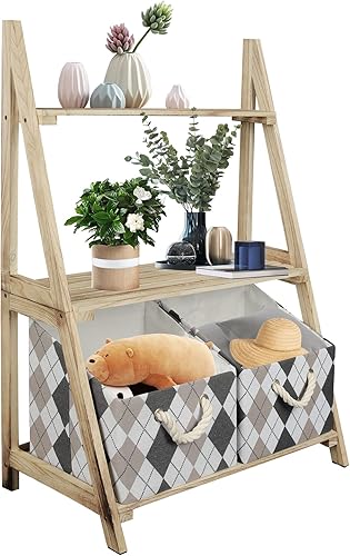 ECOMEX Estante de escalera, estantería de escalera inclinada de 3 niveles, estante de escalera de 3 cestas con soporte de exhibición de