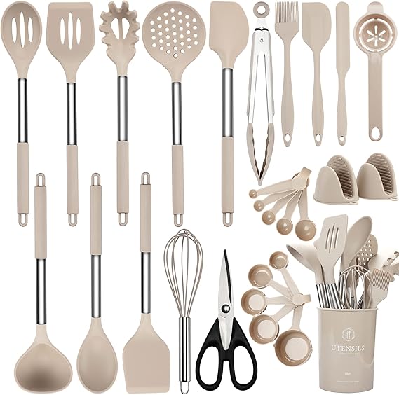 Kitchen Utensils Set, 28 Pcs Silicone Cooking Utensils Set with Holder, Spatula Set, Silicone Whisk, Scissors, Measuring Cups and Spoons Set with Stainless Steel Handle Kitchen Gadgets (Khaki)