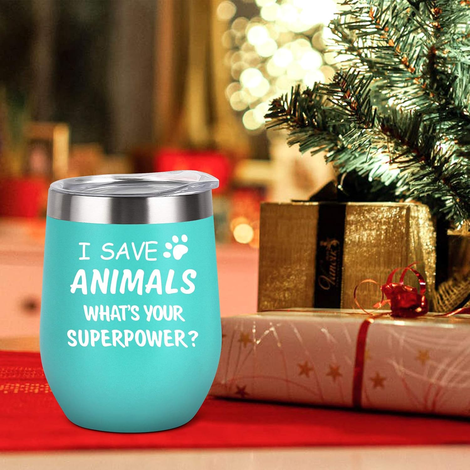 I Save Animals, What's Your Superpower? Vet Tech Gift Stainless Steel Wine Tumbler with Lid, Birthday Christmas Ideas for Veterinarian, Doctor Assistant Graduation, Friends, Coworkers(12oz, Mint)