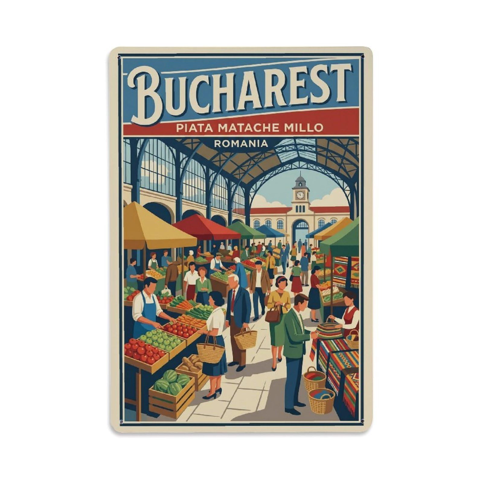 Vintage Travel Bucharest Piata Matache Millo Clean Romania Metal Tin Sign Plaque Wall Decor for Cafe, Club Bar, Office, Home Garden Metal Poster 8x12Inch