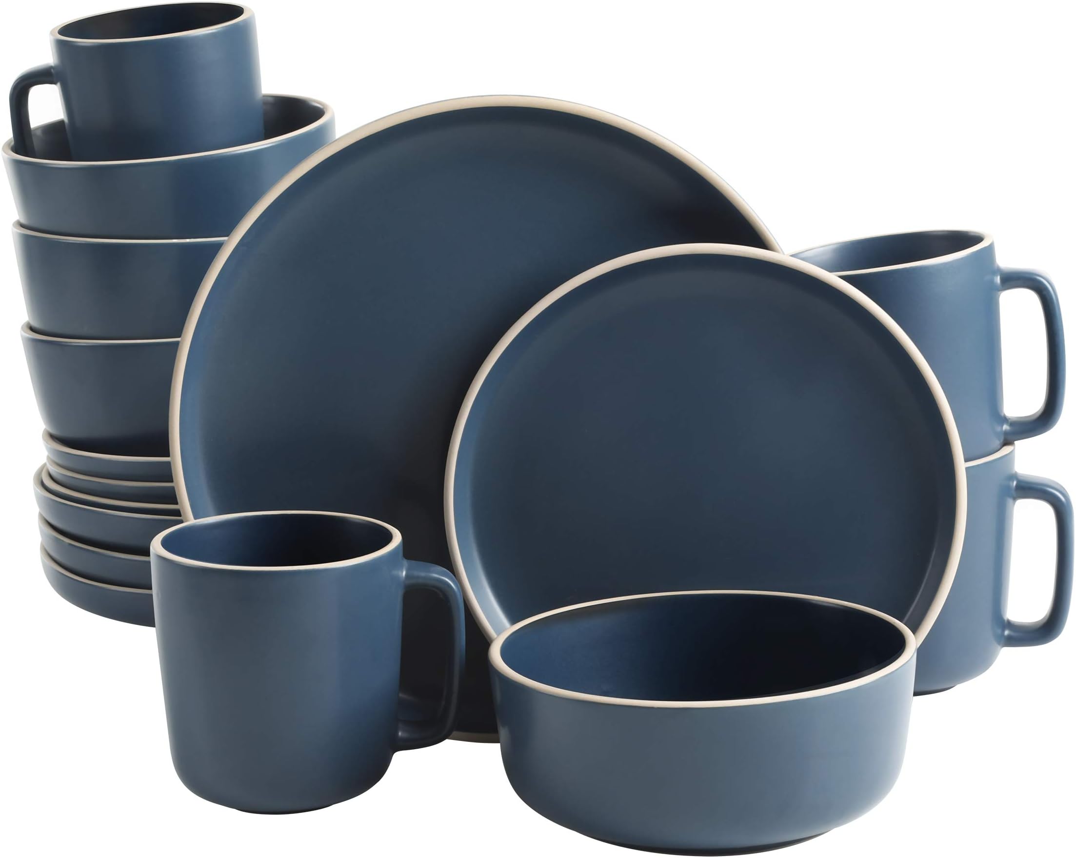 Zuma 16 Piece Round Kitchen Dinnerware Set, Dishes, Plates, Bowls, Mugs, Service for 4, Matte Stoneware, Blue