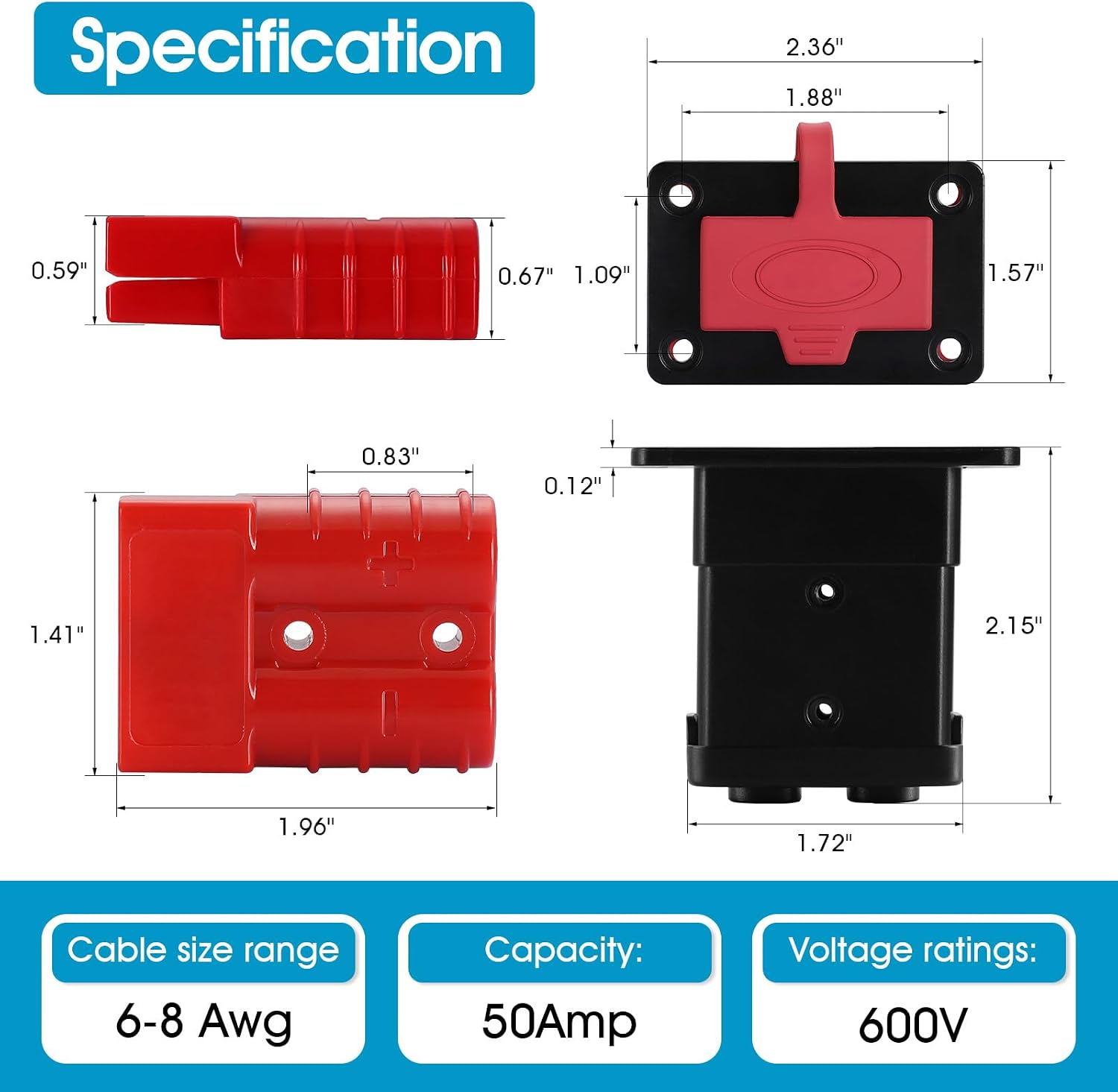waterproof 50 amp battery quick connect disconnect kit, 6-8 gauge wire panel mount plug for boat, marine, winch & rv power systems?red?