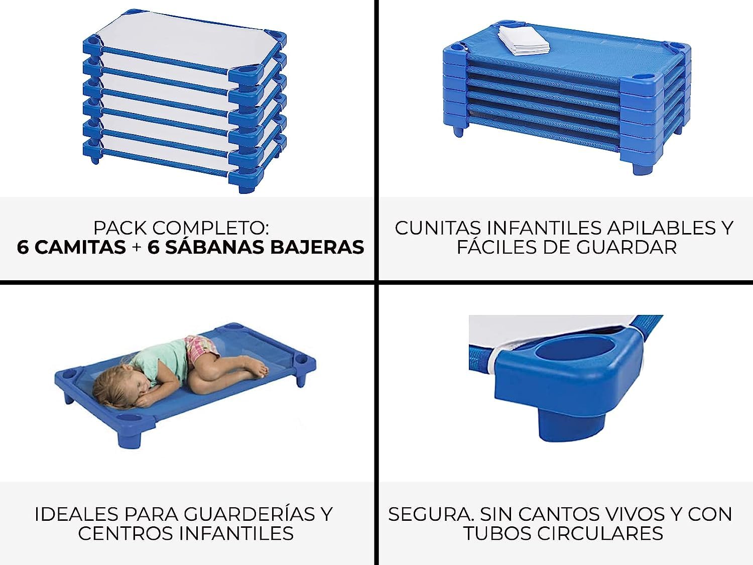 Pack de 6 Cunas Apilables para Guardería y 6 Sábanas Bajeras para Cuna Apilable – Cuna Apilable para Guardería 132cm x 58cm x 15cm y Sábana Bajera 132cm x 58cm