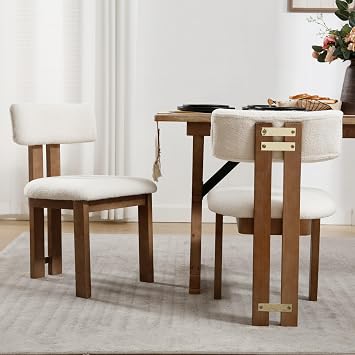 BESTANO Sherpa Boucle Wooden Dining Chairs Set of 2, Modern Farmhouse Dining Room Kitchen Chairs with Curved Backrest Natural Wood Legs, Armless Dining Chairs, Beige