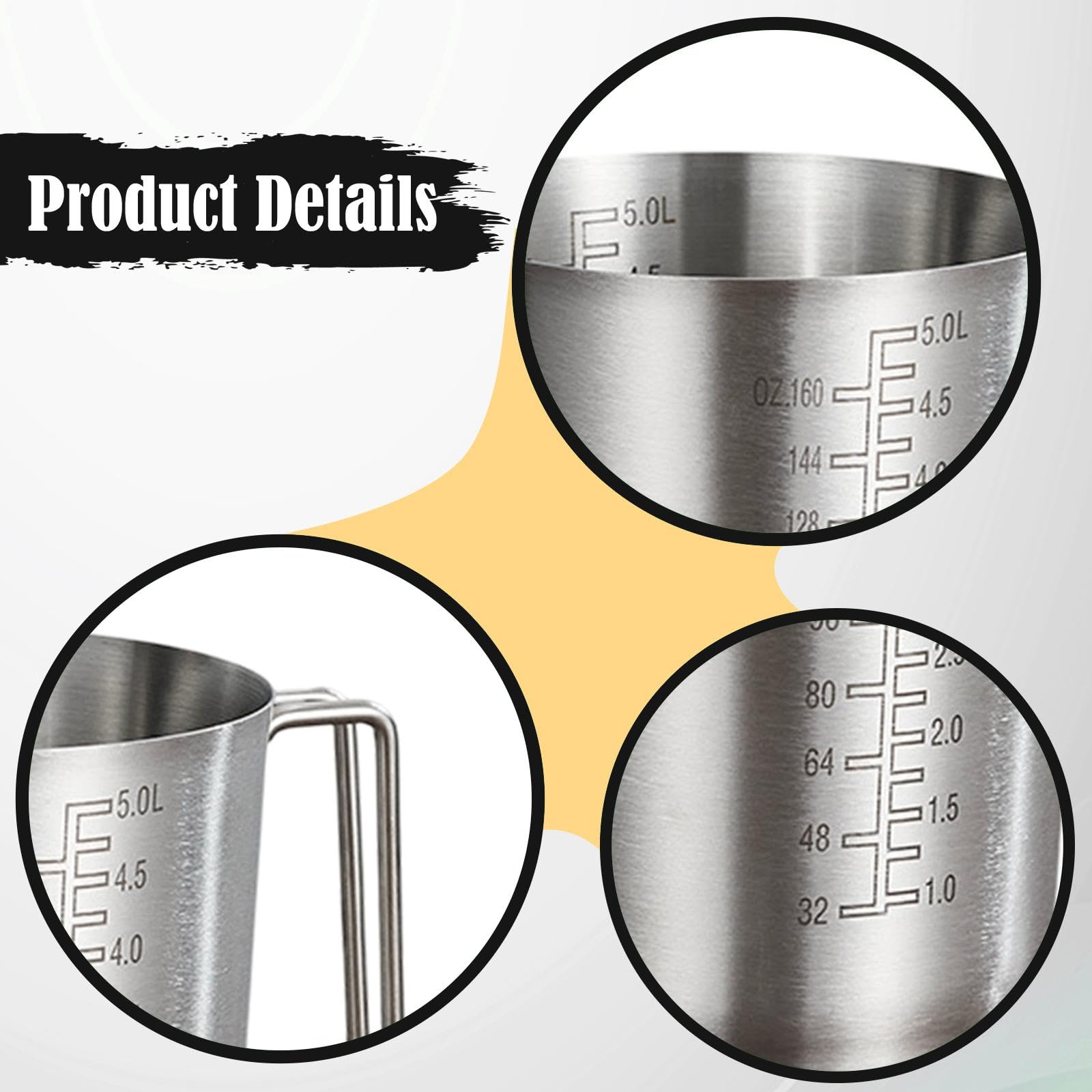 Generic Vaso Medidor con Graduaciones Internas Y Externas, Acero Inoxidable, Mango, Boquilla para Verter, Utensilio de Cocina Adecuado para, 5l, Individual