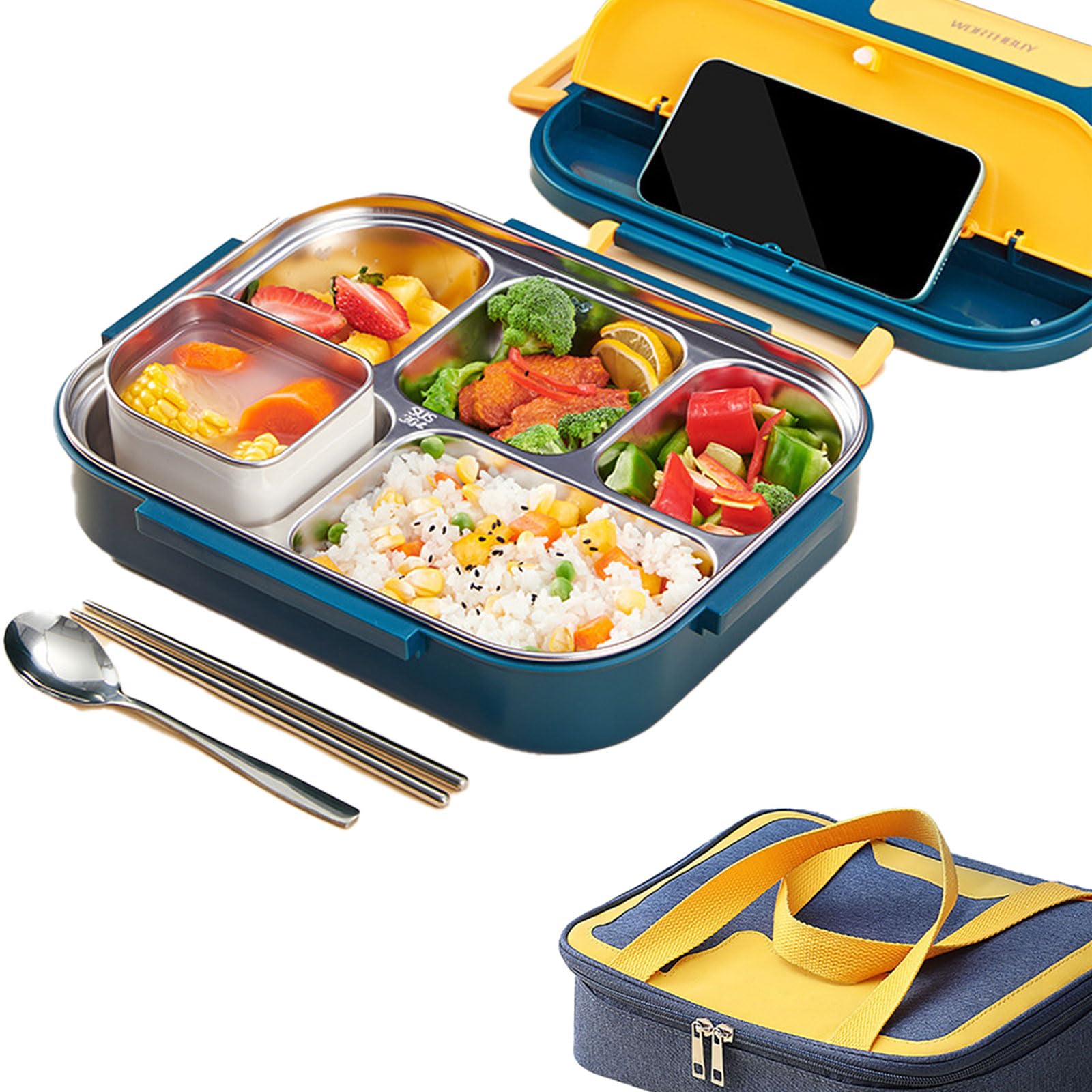 BONITA 5 Compartment Leak Proof Stainless Steel Lunch Box, Bento Box with Insulated Pouch and Cutlery, Suitable for School, Office, Picnic, Camping,Food Carrying Container for Kids and Adults